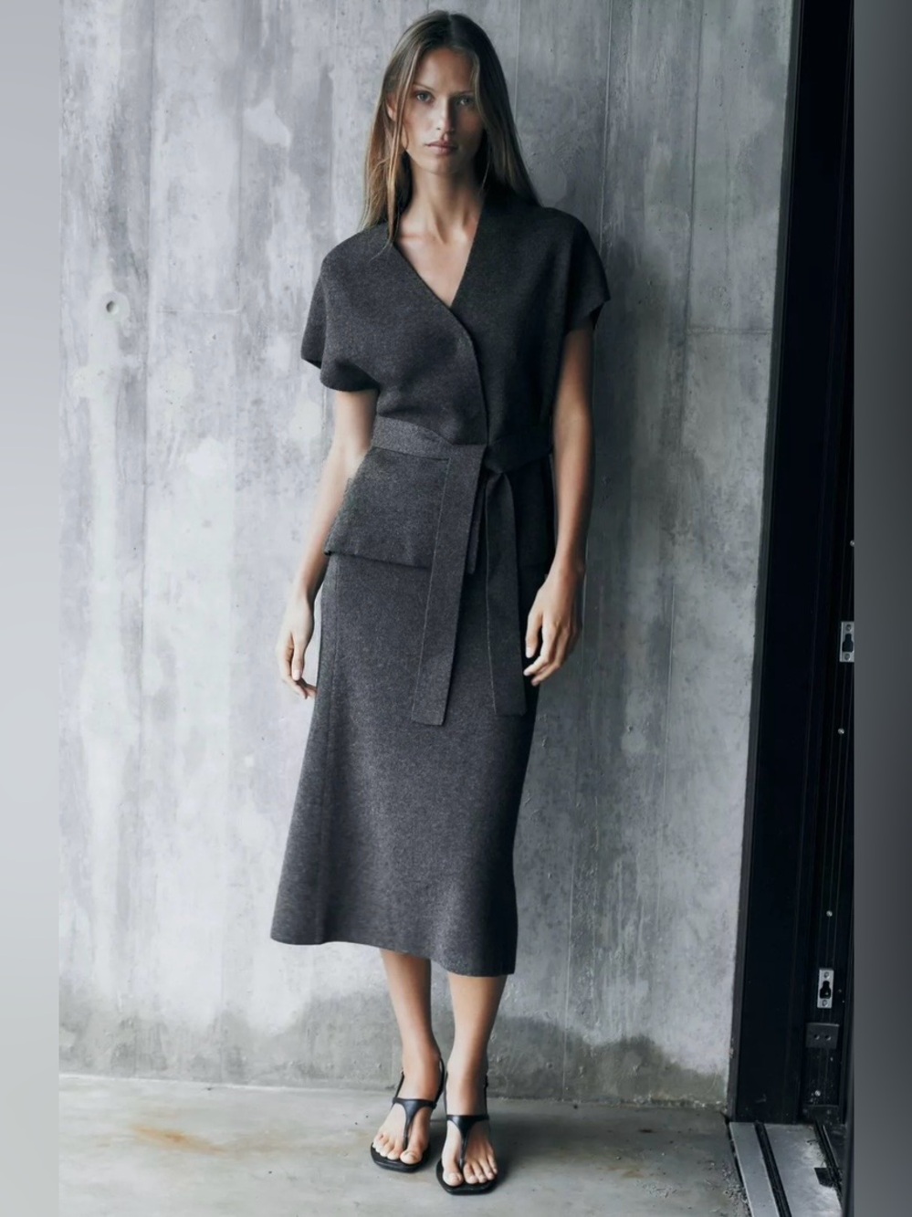 Zara NWT Charcoal Gray Knit A-Line Midi Skirt | Minimalist Office Chic